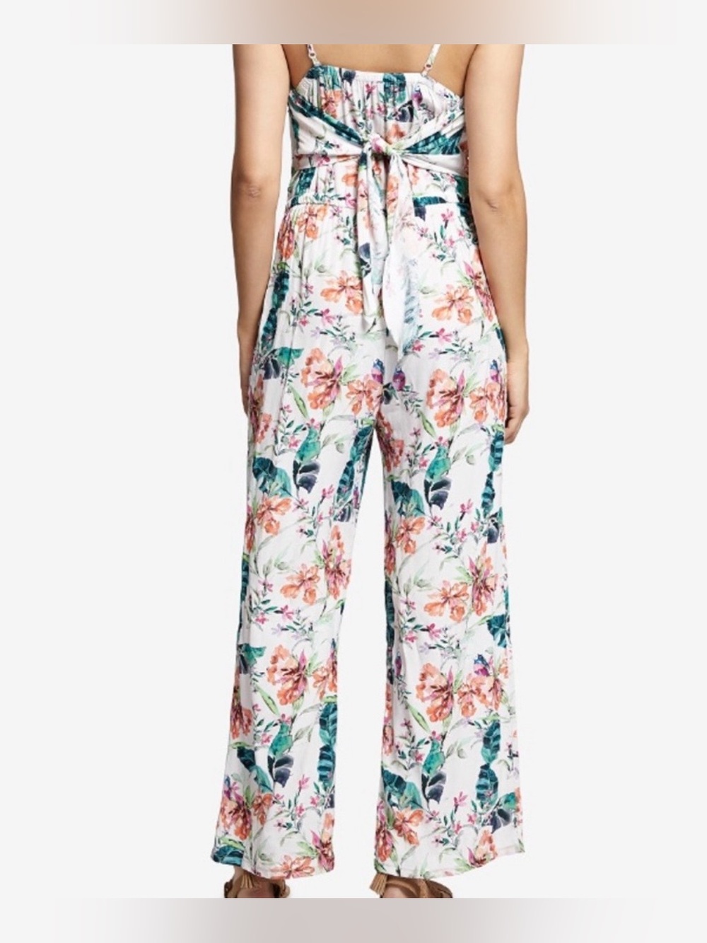 Sanctuary|Anthro Floral White & Pink Wide-Leg Jumpsuit•••Tie back,size Large